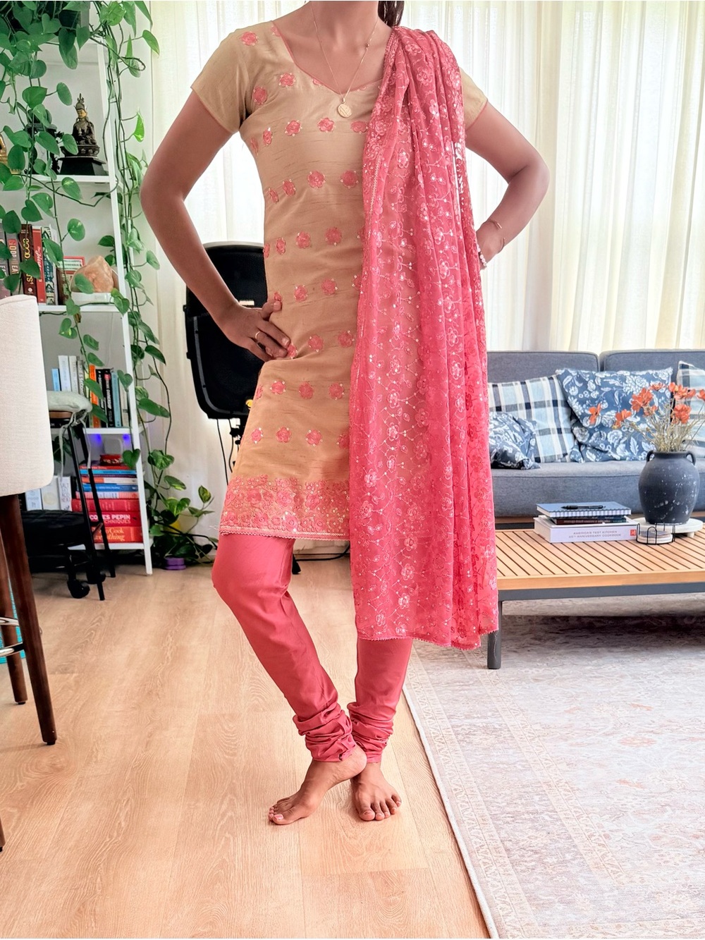 Beige & Coral Embroidered Salwar Kameez Set